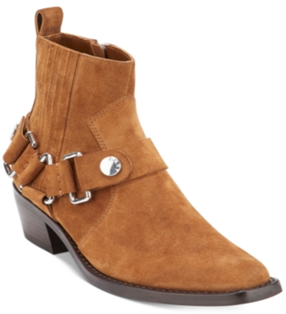 Botas femininas Dkny de couro com bico quadrado e salto bloco, zíper, marrom, 7 M