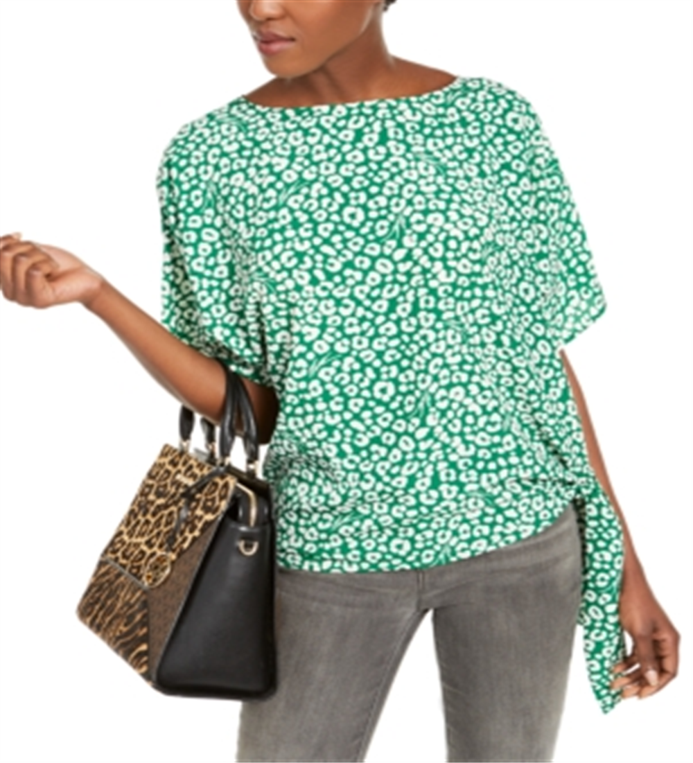 Blusa feminina Michael Kors com estampa de leopardo e amarração lateral, verde, tamanho 2XL
