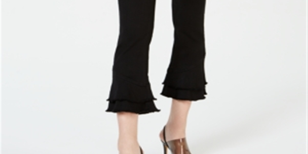 Calça jeans feminina INC International Concepts com babados duplos e tornozelo curvo, preta, tamanho 2