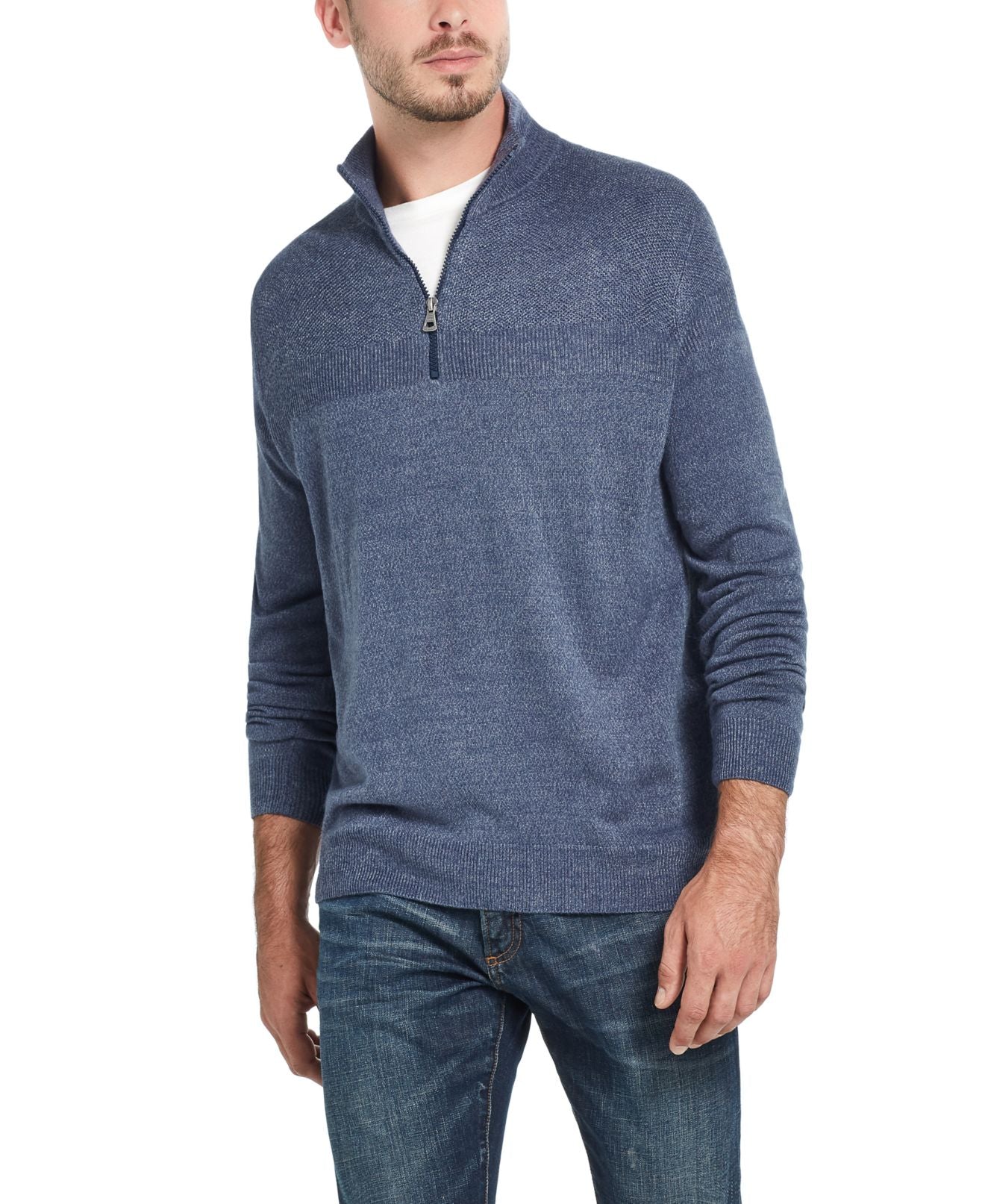 Suéter masculino vintage à prova de intempéries com gola canelada e zíper 1/2, azul, tamanho grande