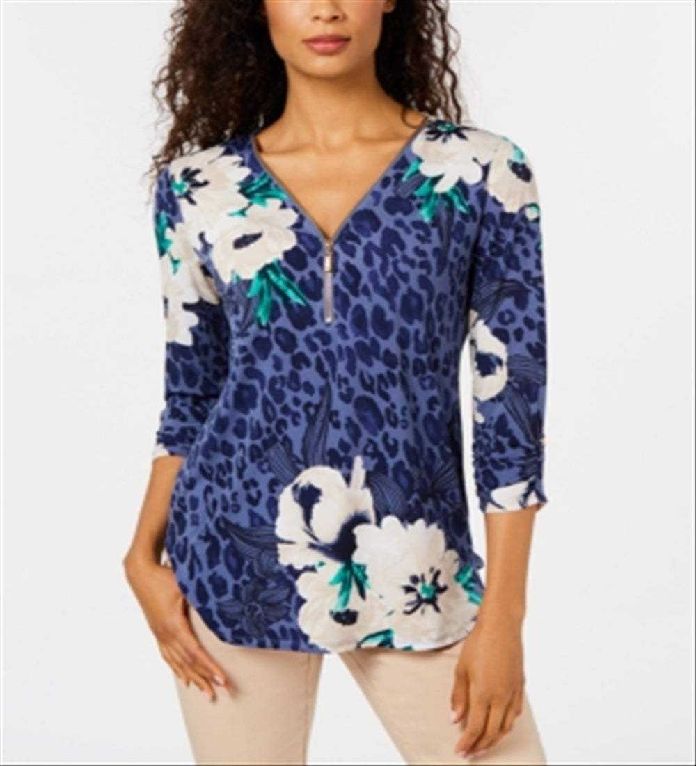 Blusa feminina JM Collection com estampa mista e zíper, azul, tamanho pequeno