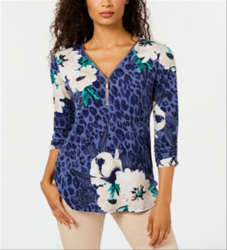 Blusa feminina JM Collection com estampa mista e zíper, azul, tamanho pequeno