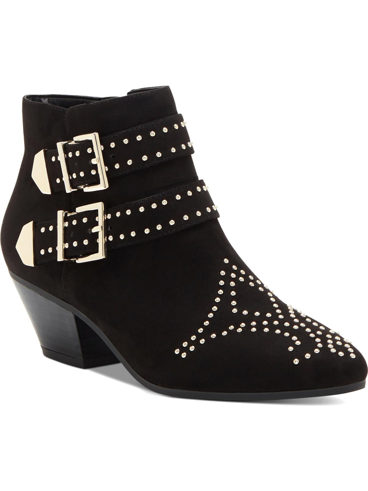 Botas femininas Inc pretas com tachas, fivela confortável, acolchoadas, bico amendoado Iliana, salto bloco e zíper, 6 m