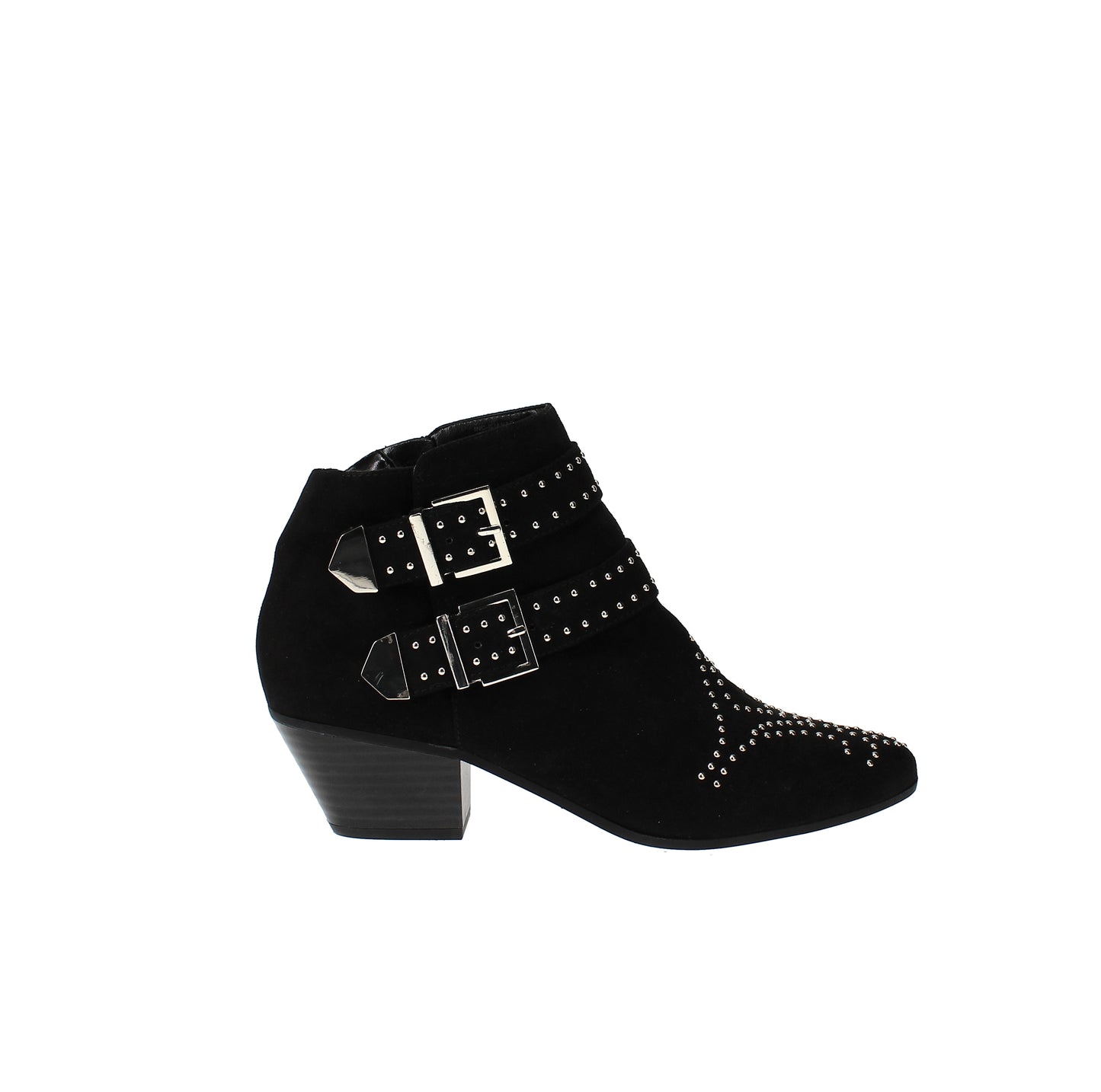 Botas femininas Inc pretas com tachas, fivela confortável, acolchoadas, bico amendoado Iliana, salto bloco e zíper, 6 m