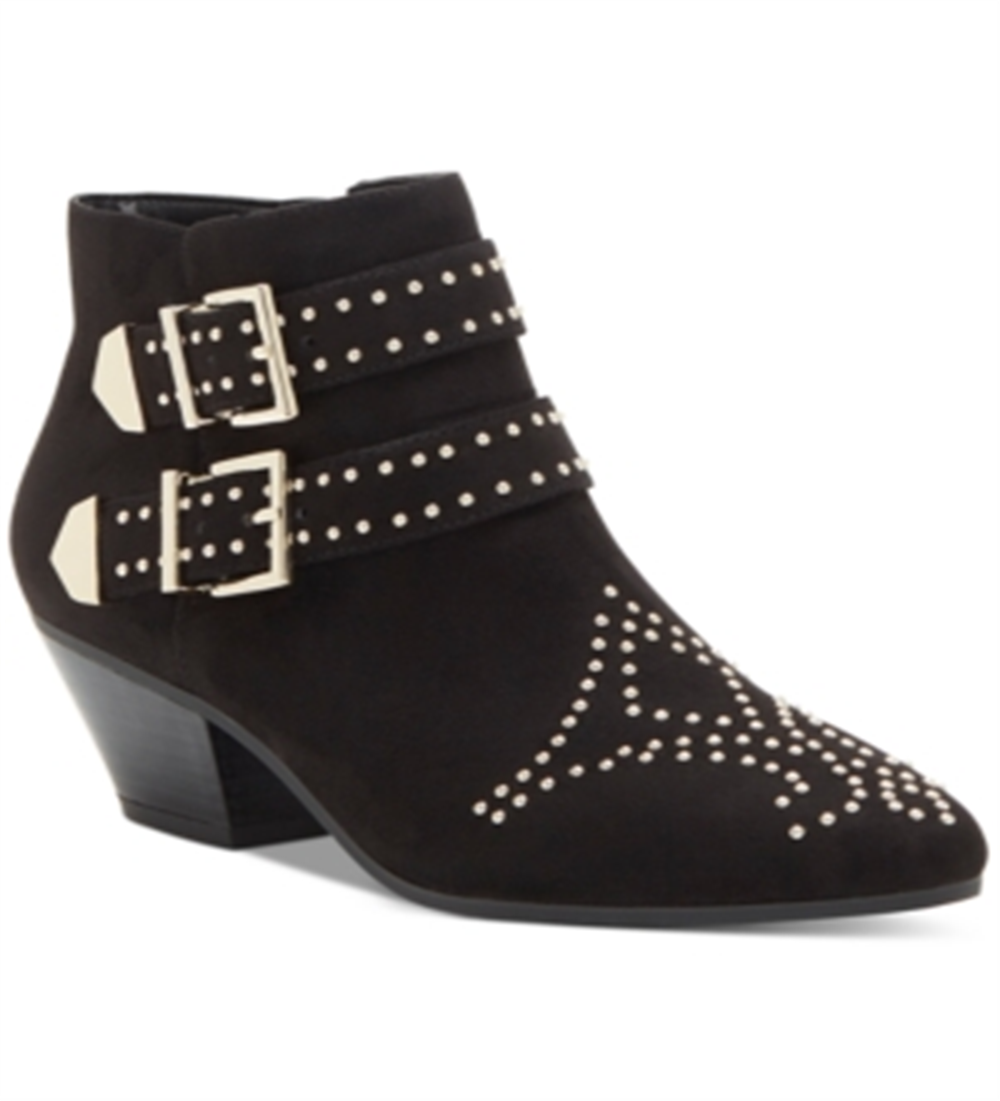 Botas femininas Inc pretas com tachas, fivela confortável, acolchoadas, bico amendoado Iliana, salto bloco e zíper, 6 m