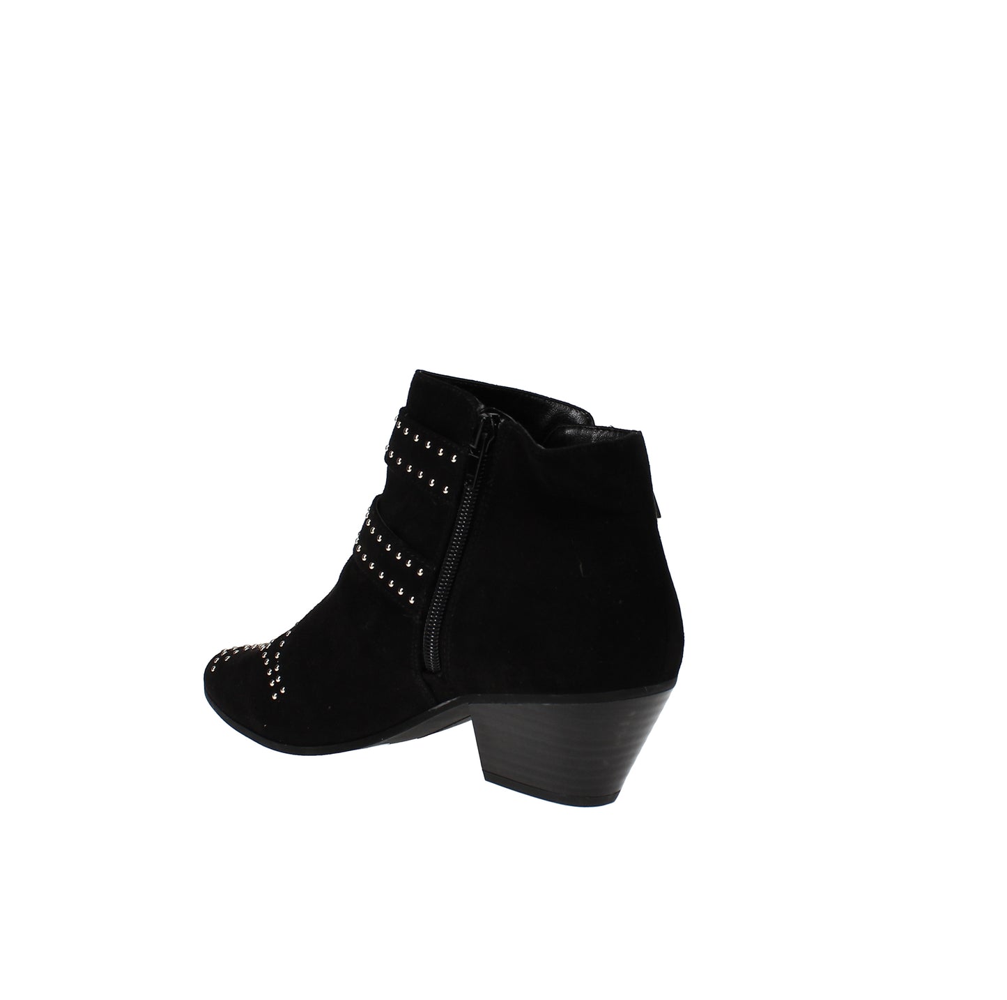 Botas femininas Inc pretas com tachas, fivela confortável, acolchoadas, bico amendoado Iliana, salto bloco e zíper, 6 m