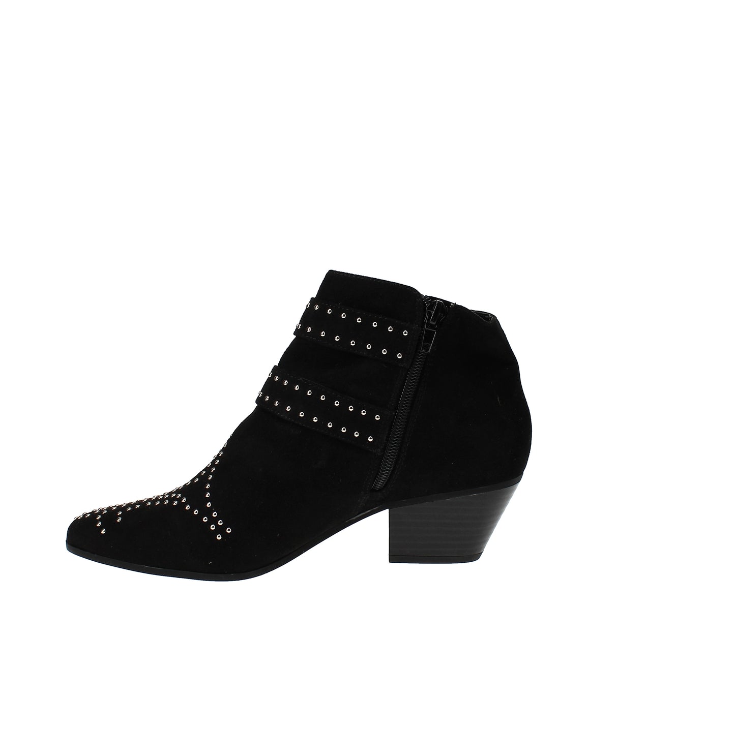 Botas femininas Inc pretas com tachas, fivela confortável, acolchoadas, bico amendoado Iliana, salto bloco e zíper, 6 m