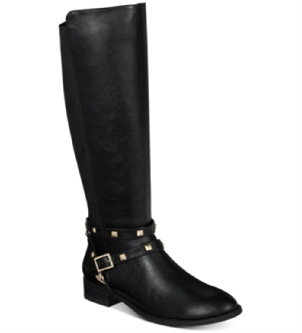 Botas femininas Thalia Sodi Vallie de couro com bico fechado e cano alto, tamanho 8,5W, pretas