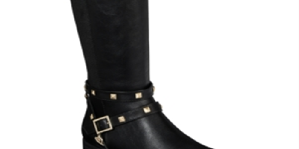 Botas femininas Thalia Sodi Vallie de couro com bico fechado e cano alto, tamanho 8,5W, pretas