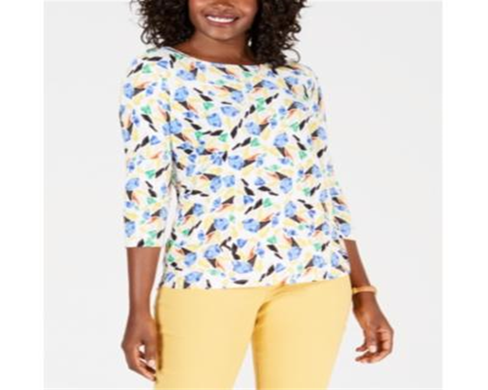 JM Collection Blusa feminina estampada com manga 3/4 em jacquard, branca, tamanho pequeno
