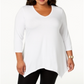 JM Collection Blusa feminina com bainha em lenço, branca, tamanho 1X