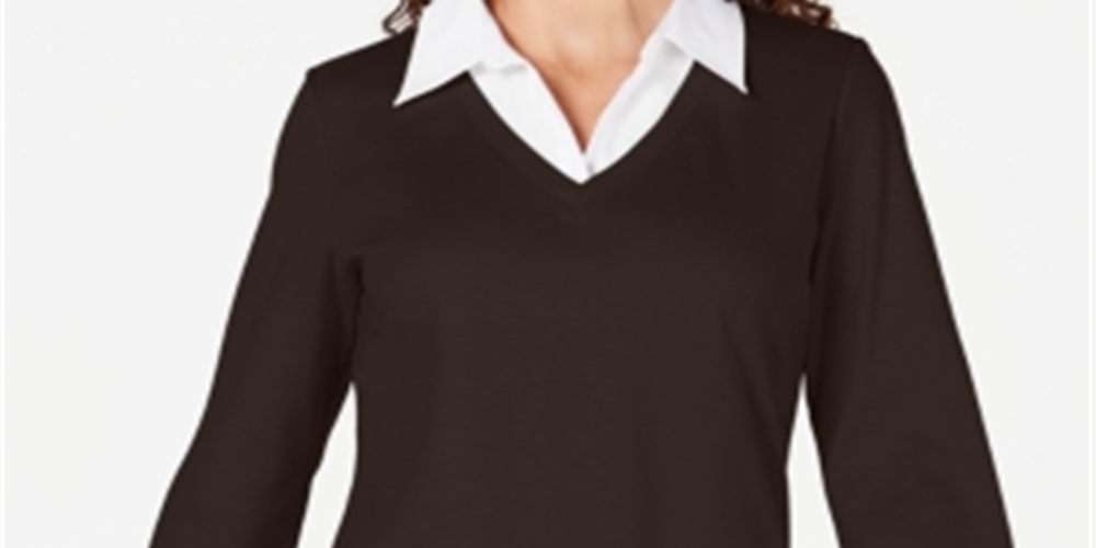 Blusa feminina Karen Scott de algodão com camadas, marrom, tamanho médio