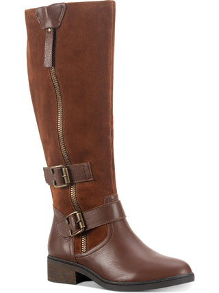 Botas femininas American Rag de couro com zíper e fivela, bico redondo e salto bloco, tamanho 8,5 M