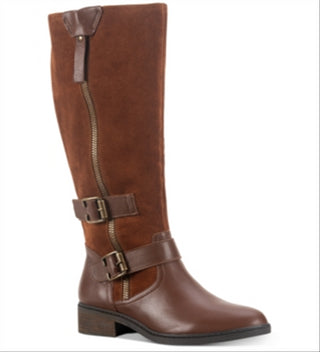 Botas femininas American Rag de couro com zíper e fivela, bico redondo e salto bloco, tamanho 8,5 M
