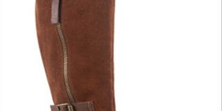 Botas femininas American Rag de couro com zíper e fivela, bico redondo e salto bloco, tamanho 8,5 M