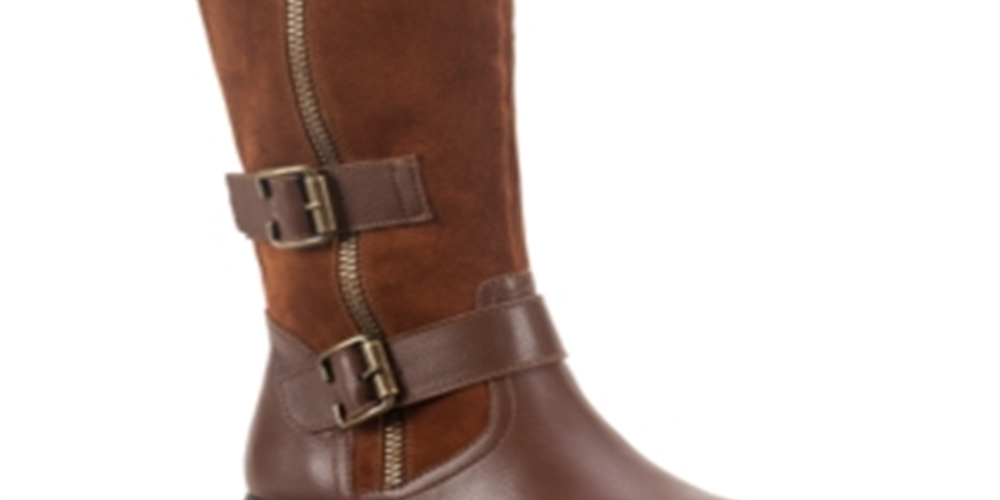 Botas femininas American Rag de couro com zíper e fivela, bico redondo e salto bloco, tamanho 8,5 M