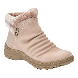 Botas de neve femininas Baretraps, bege, com botões de metal franzidos, acabamento em pele, acolchoadas, resistentes à água, bico redondo e zíper, 9,5 m
