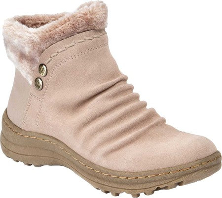 Botas de neve femininas Baretraps, bege, com botões de metal franzidos, acabamento em pele, acolchoadas, resistentes à água, bico redondo e zíper, 9,5 m