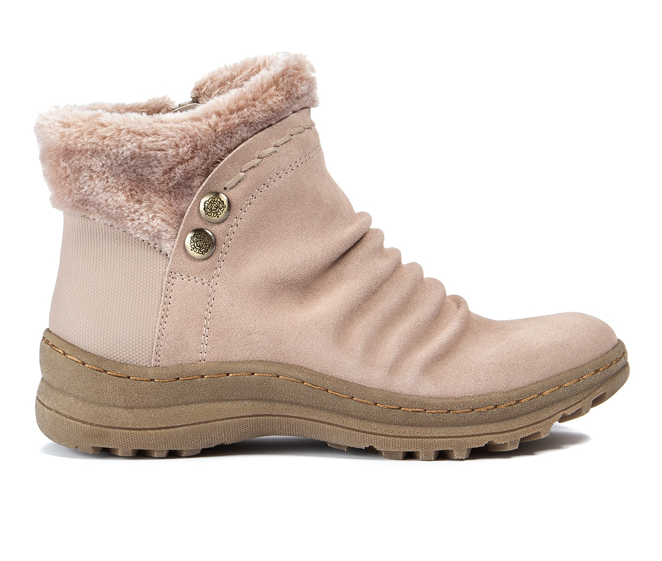 Botas de neve femininas Baretraps, bege, com botões de metal franzidos, acabamento em pele, acolchoadas, resistentes à água, bico redondo e zíper, 9,5 m