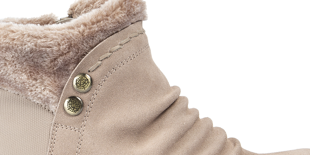 Botas de neve femininas Baretraps, bege, com botões de metal franzidos, acabamento em pele, acolchoadas, resistentes à água, bico redondo e zíper, 9,5 m