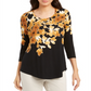 Top estampado feminino com decote redondo e estampa JM Collection, amarelo, tamanho X-S