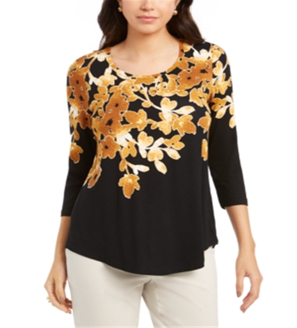 Top estampado feminino com decote redondo e estampa JM Collection, amarelo, tamanho X-S