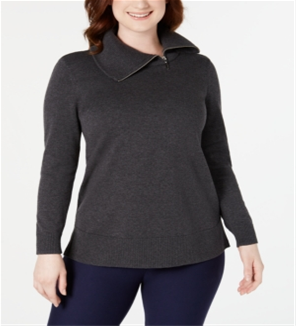 Karen Scott Suéter Feminino de Algodão com Zíper e Gola Cinza Tamanho Grande