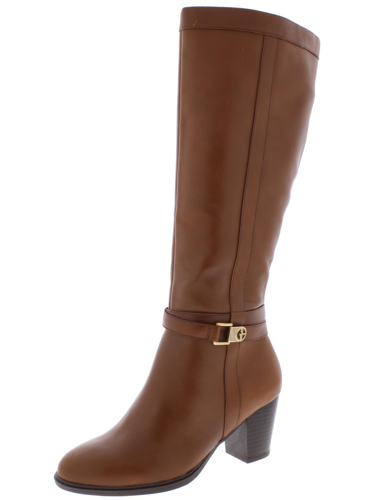 Botas femininas Giani Bernini com suporte de arco, fivela, antiderrapante, Rozario, bico redondo, salto bloco, zíper, couro, marrom, tamanho 8 M