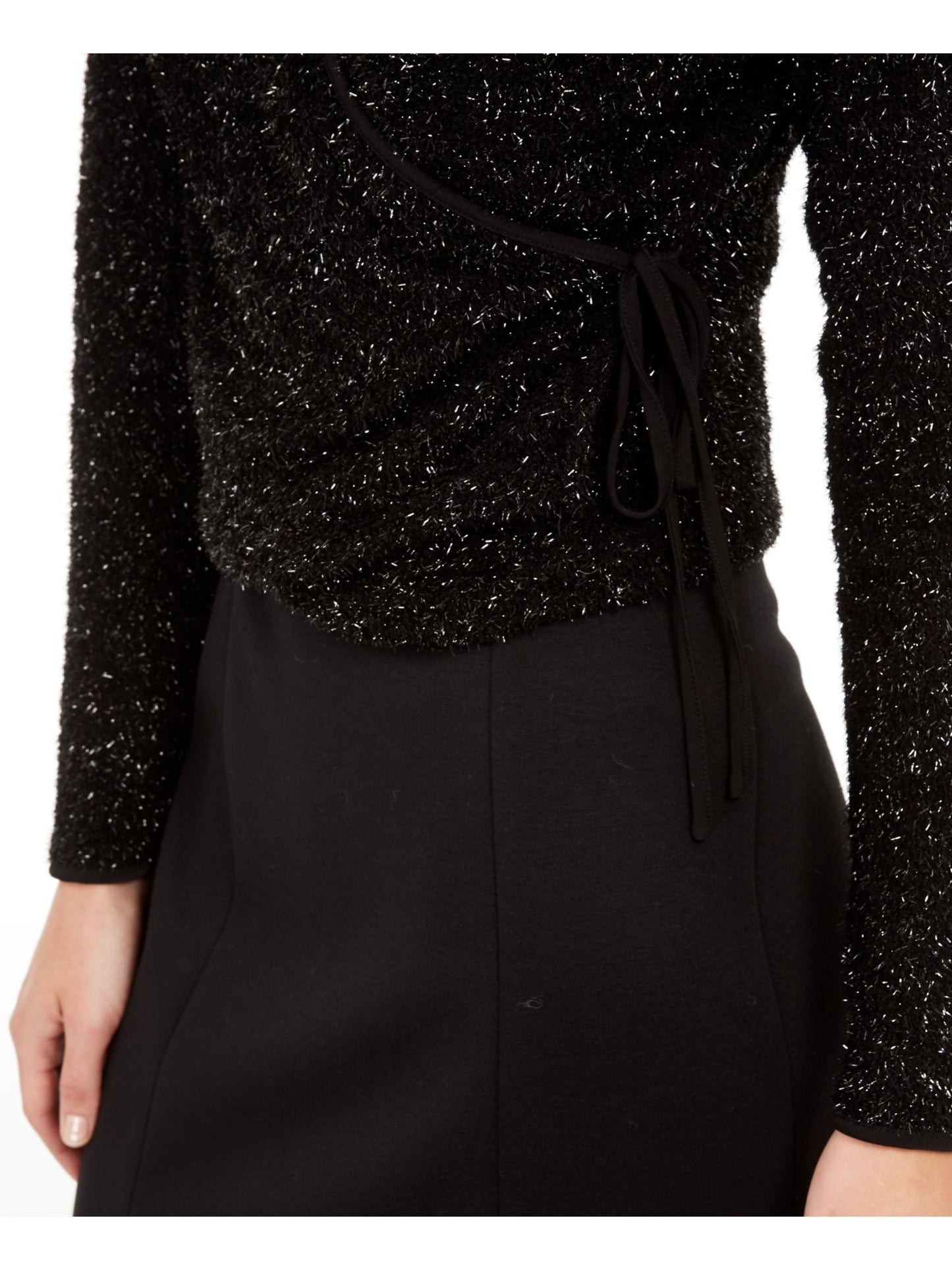 Calvin Klein Suéter Feminino com Glitter, Manga Longa, Gola V, Preto, Tamanho Grande