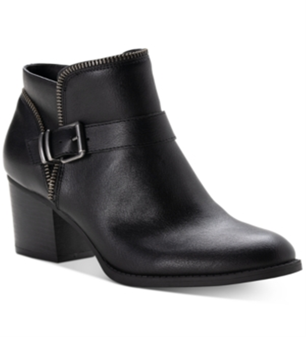 American Rag Botas femininas pretas com fivela almofadada e detalhe Milly, bico redondo, salto bloco e zíper, 9,5 m