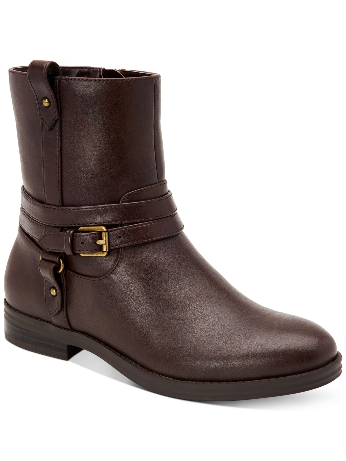 Botas femininas Style Company com fivela marrom e acolchoado, bico redondo, salto bloco e zíper, 5,5 m