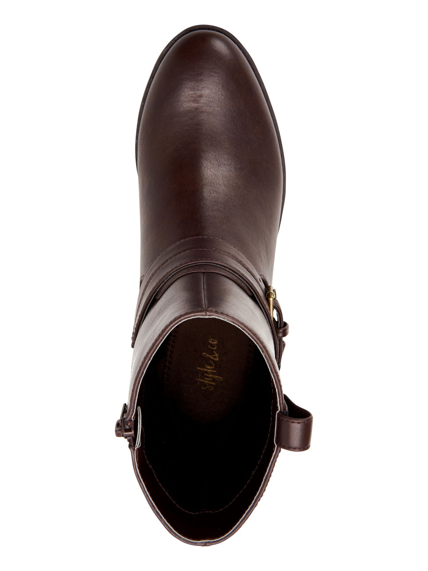 Botas femininas Style Company com fivela marrom e acolchoado, bico redondo, salto bloco e zíper, 5,5 m