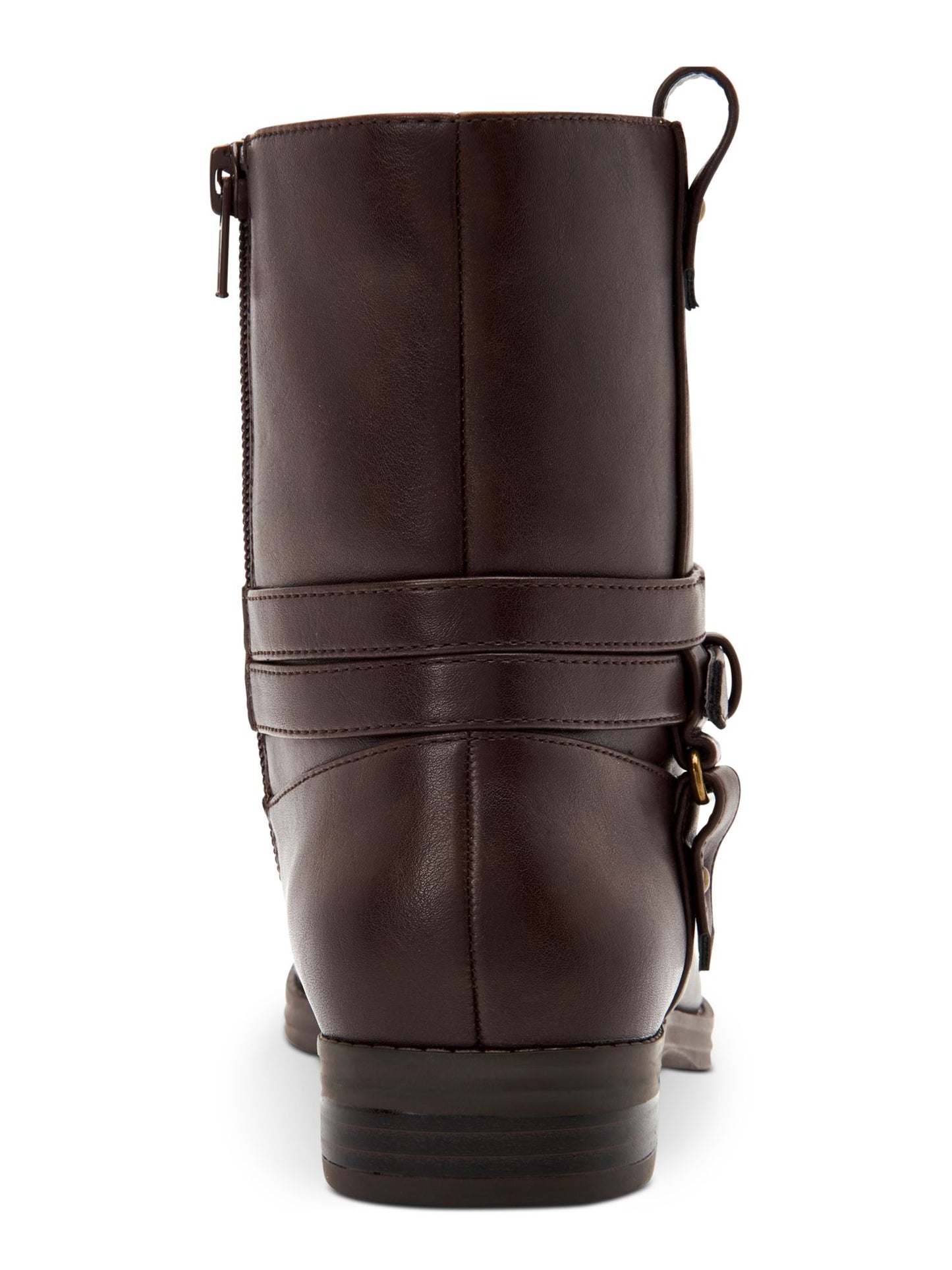 Botas femininas Style Company com fivela marrom e acolchoado, bico redondo, salto bloco e zíper, 5,5 m