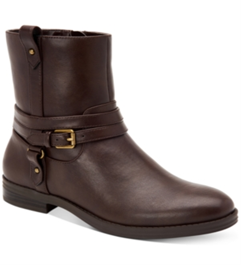 Botas femininas Style Company com fivela marrom e acolchoado, bico redondo, salto bloco e zíper, 5,5 m