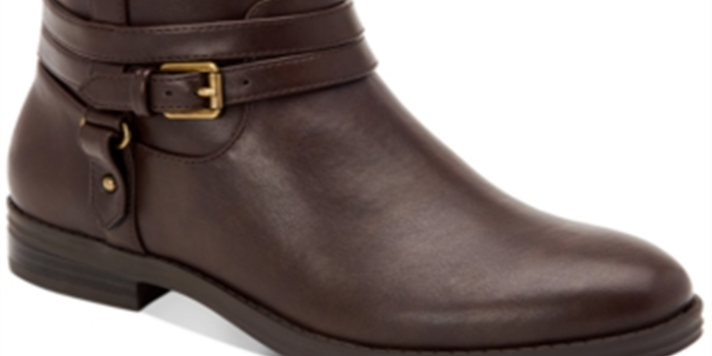 Botas femininas Style Company com fivela marrom e acolchoado, bico redondo, salto bloco e zíper, 5,5 m