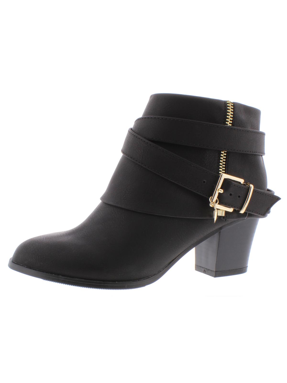 Thalia Sodi Botas femininas pretas com acolchoamento, fivela confortável, zíper e bico redondo, salto bloco, 11 m