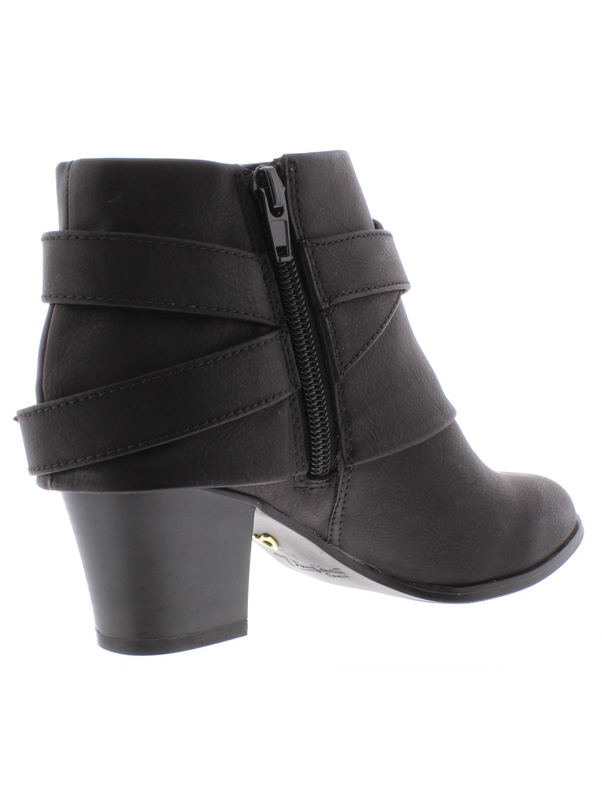 Thalia Sodi Botas femininas pretas com acolchoamento, fivela confortável, zíper e bico redondo, salto bloco, 11 m