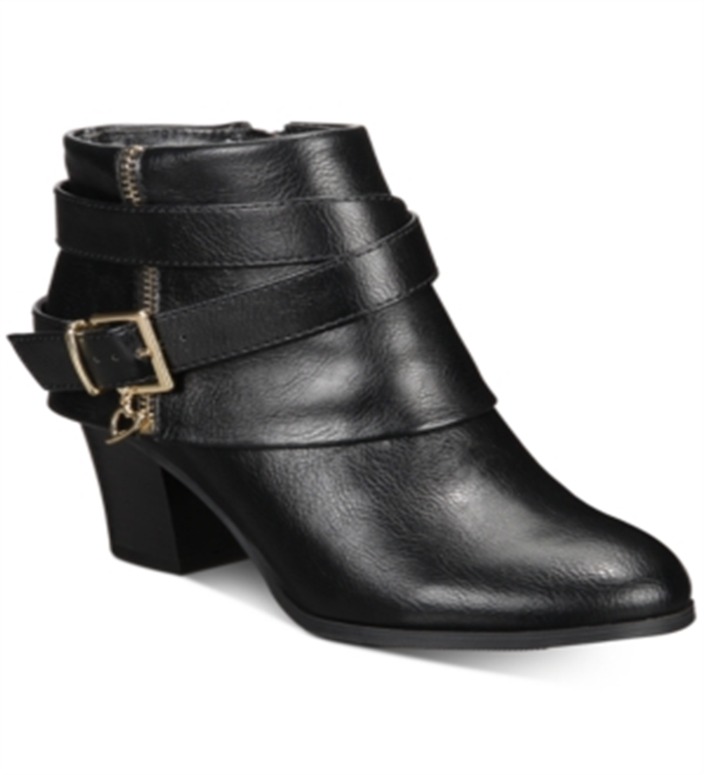 Thalia Sodi Botas femininas pretas com acolchoamento, fivela confortável, zíper e bico redondo, salto bloco, 11 m