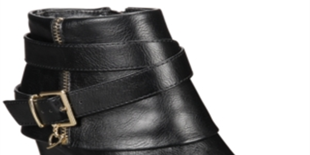 Thalia Sodi Botas femininas pretas com acolchoamento, fivela confortável, zíper e bico redondo, salto bloco, 11 m