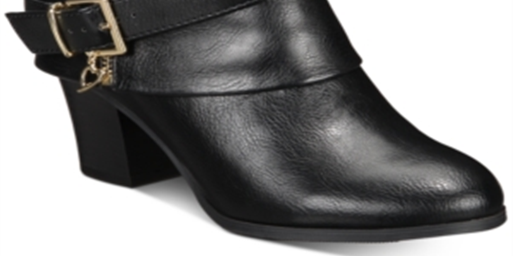 Thalia Sodi Botas femininas pretas com acolchoamento, fivela confortável, zíper e bico redondo, salto bloco, 11 m