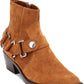 Botas femininas Dkny marrom com alças e ferragens geométricas, com elástico, acolchoado, bico quadrado, salto bloco e zíper, couro, 6 m