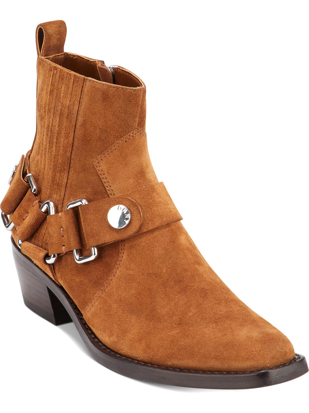 Botas femininas Dkny marrom com alças e ferragens geométricas, com elástico, acolchoado, bico quadrado, salto bloco e zíper, couro, 6 m