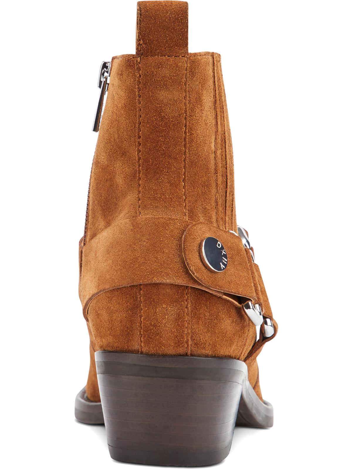 Botas femininas Dkny marrom com alças e ferragens geométricas, com elástico, acolchoado, bico quadrado, salto bloco e zíper, couro, 6 m