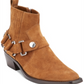 Botas femininas Dkny marrom com alças e ferragens geométricas, com elástico, acolchoado, bico quadrado, salto bloco e zíper, couro, 6 m