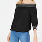 Blusa feminina com nervuras e manga 3/4, ombro de fora, preta, tamanho extrapequeno, da INC International Concepts
