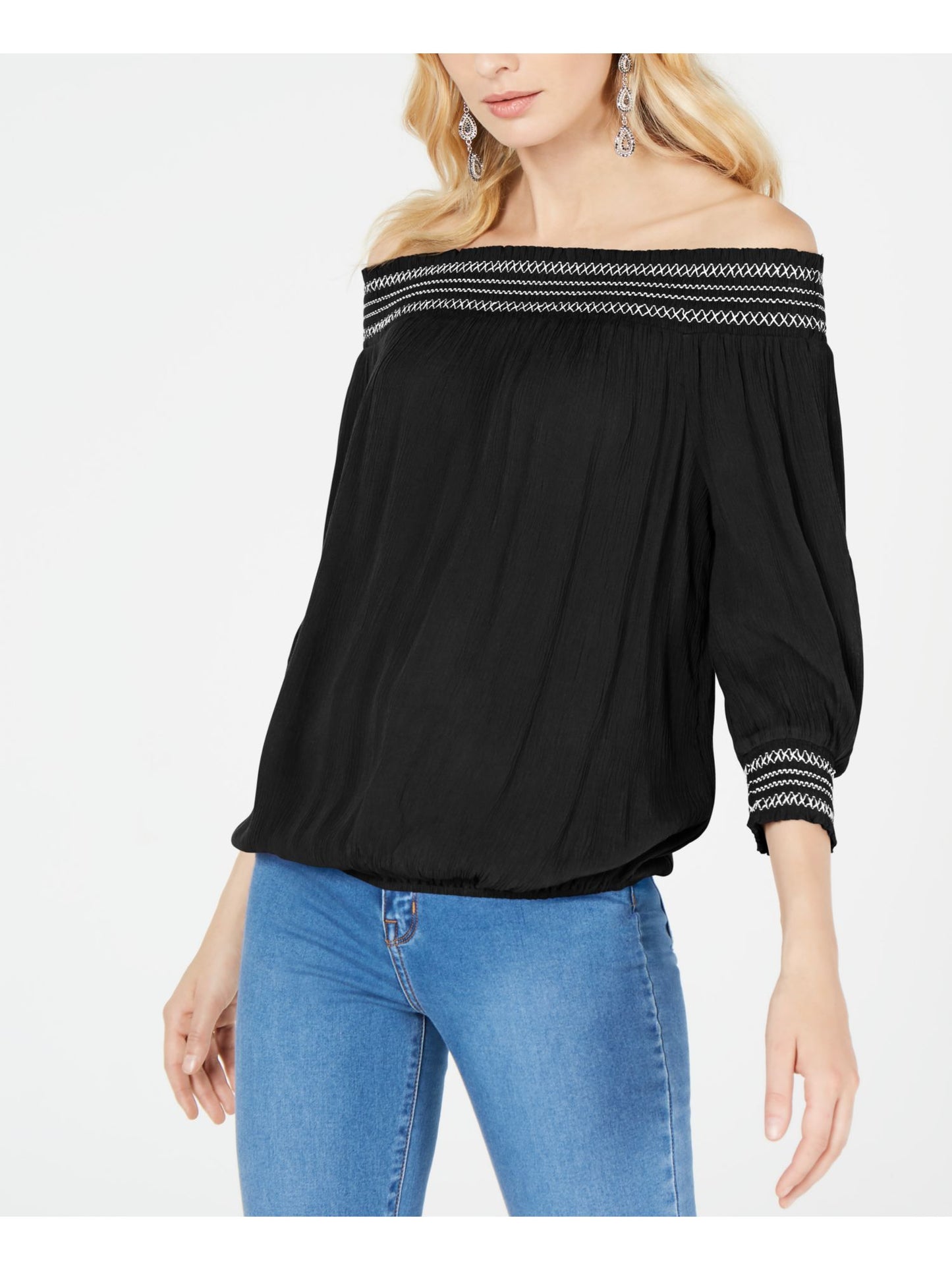 Blusa feminina com nervuras e manga 3/4, ombro de fora, preta, tamanho extrapequeno, da INC International Concepts