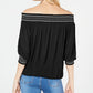 Blusa feminina com nervuras e manga 3/4, ombro de fora, preta, tamanho extrapequeno, da INC International Concepts