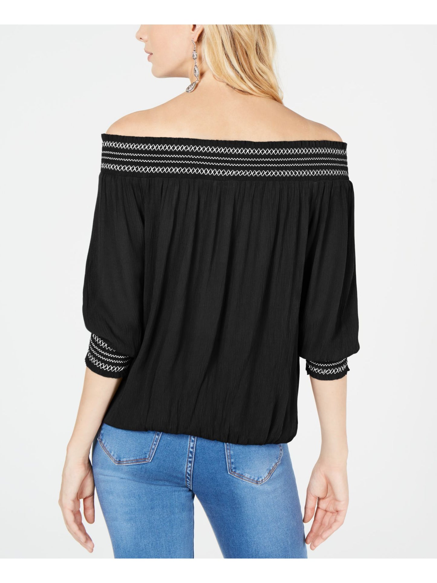 Blusa feminina com nervuras e manga 3/4, ombro de fora, preta, tamanho extrapequeno, da INC International Concepts