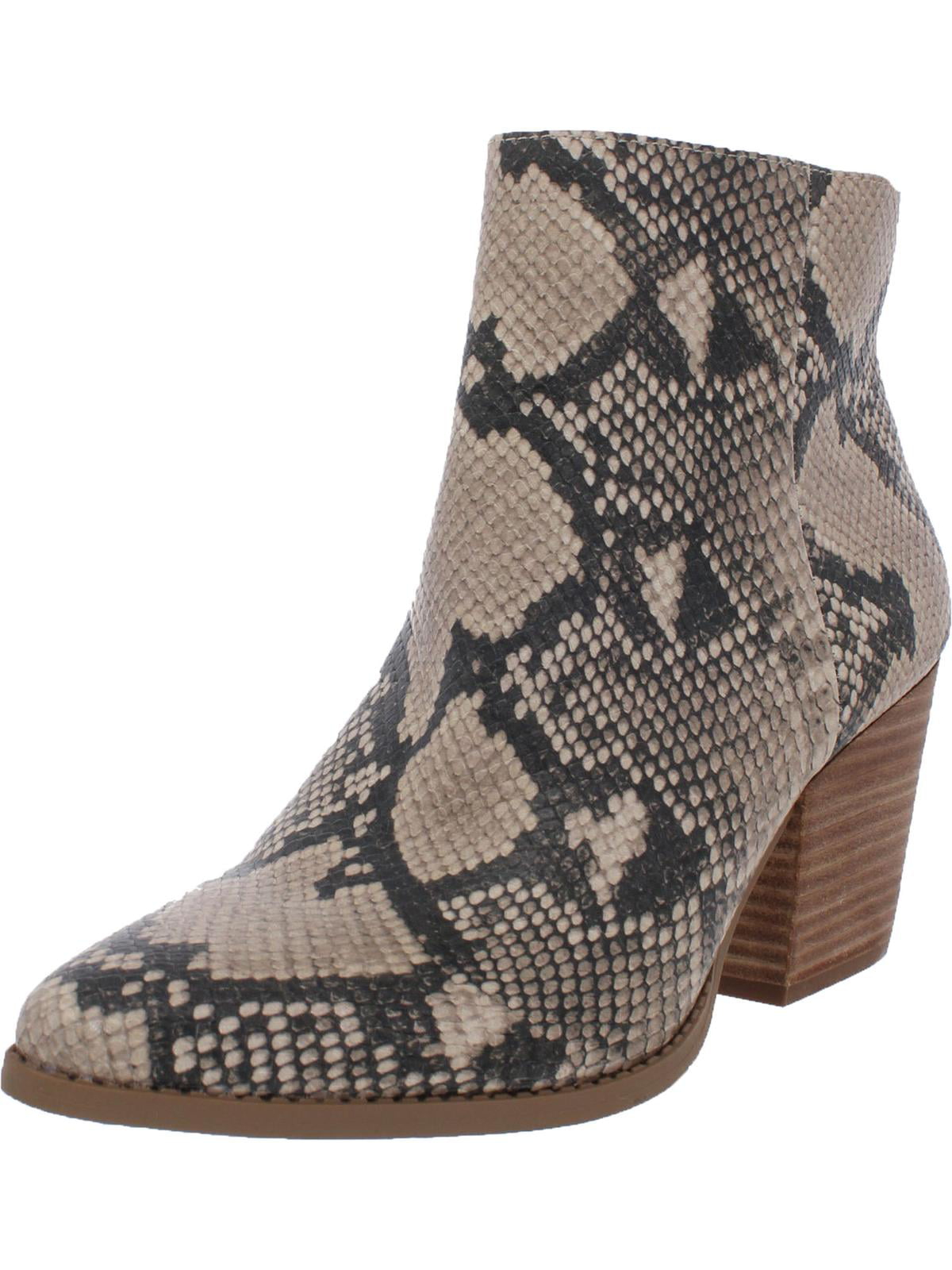 Bota feminina Sun Stone com estampa animal bege, bico fino, salto bloco e zíper, 8,5