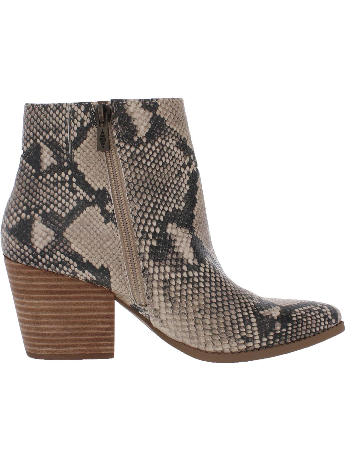 Bota feminina Sun Stone com estampa animal bege, bico fino, salto bloco e zíper, 8,5